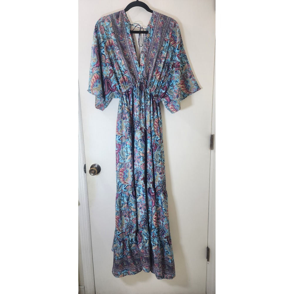 Zury Silk Blend Paisley Maxi Dress Blue Pink Boho Kimono Sleeve One Size Free